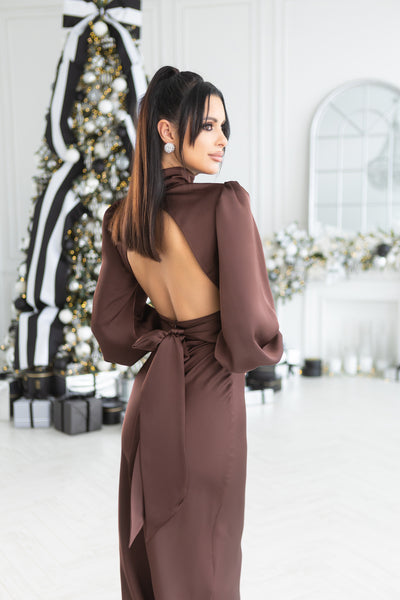 Chocolate SATIN TURTLENECK PUFF-SLEEVE MIDI DRESS (ARTICLE C487)