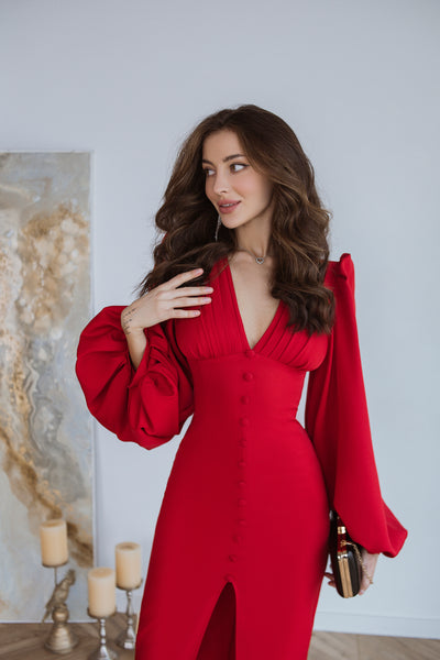 Red BACKLESS PUFF SLEEVE MIDI DRESS (ARTICLE C353)