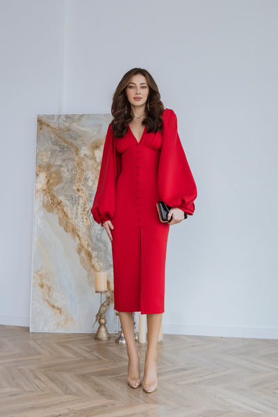 Red BACKLESS PUFF SLEEVE MIDI DRESS (ARTICLE C353)