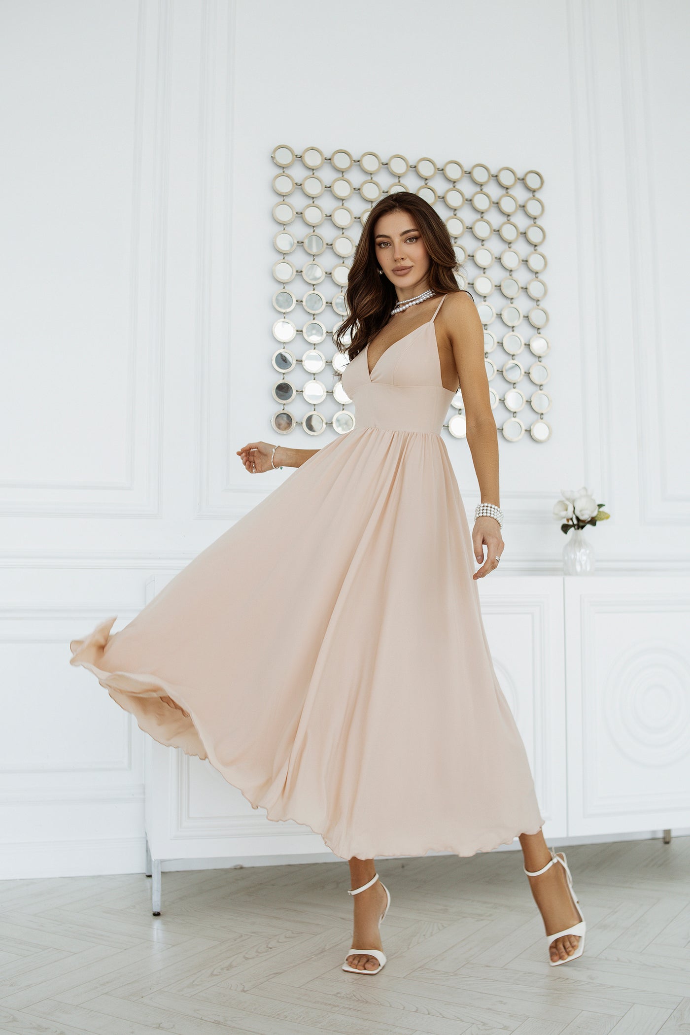 Beige V-Neck Slip Midi Dress (article C284)