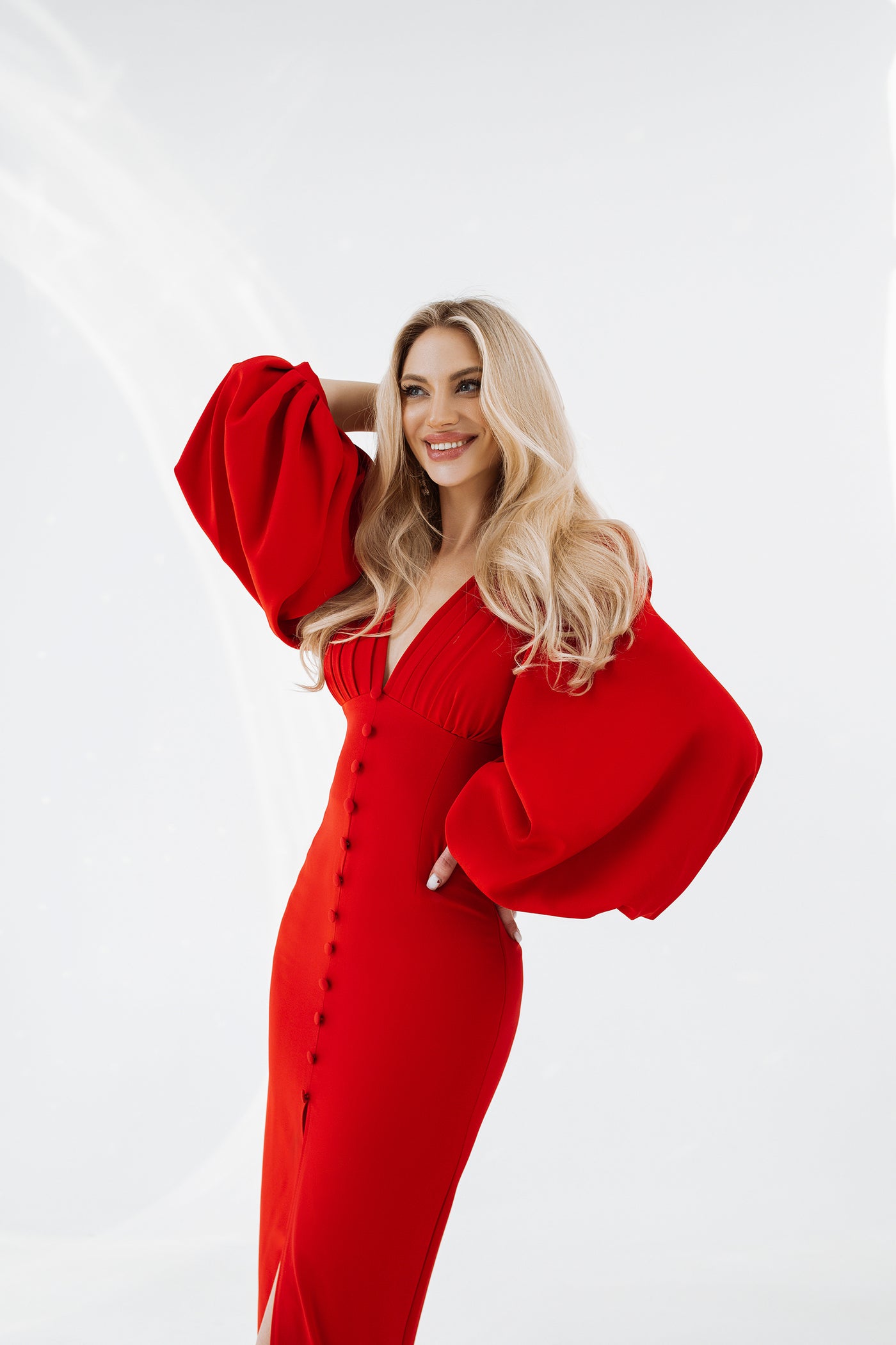 Red BACKLESS PUFF SLEEVE MIDI DRESS (ARTICLE C353)