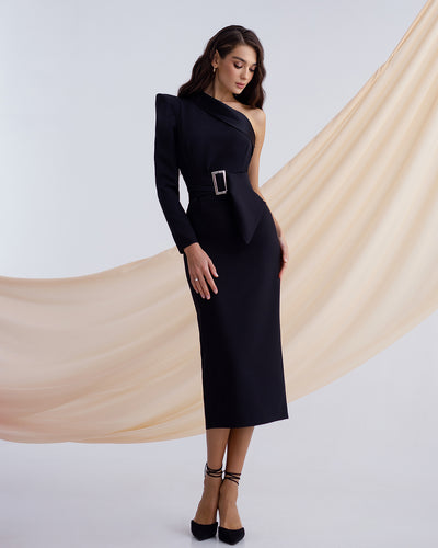 Black ONE-SHOULDER BELTED MIDI DRESS (ARTICLE 343)