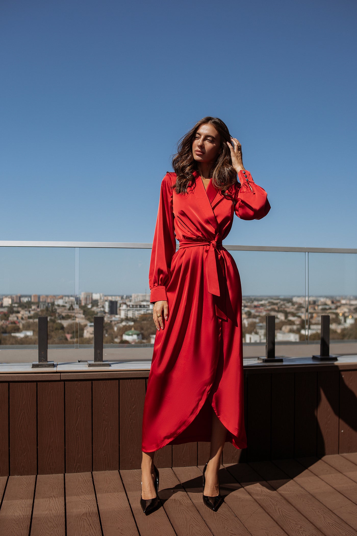 Red COLLARED WRAP MIDI DRESS (ARTICLE C405)