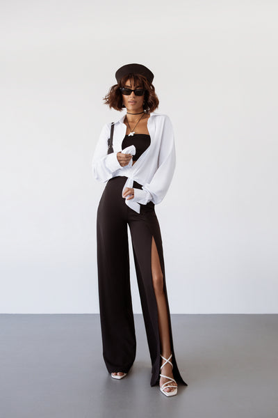 Black High Waist Slit One Leg Flared Pants (article C394)