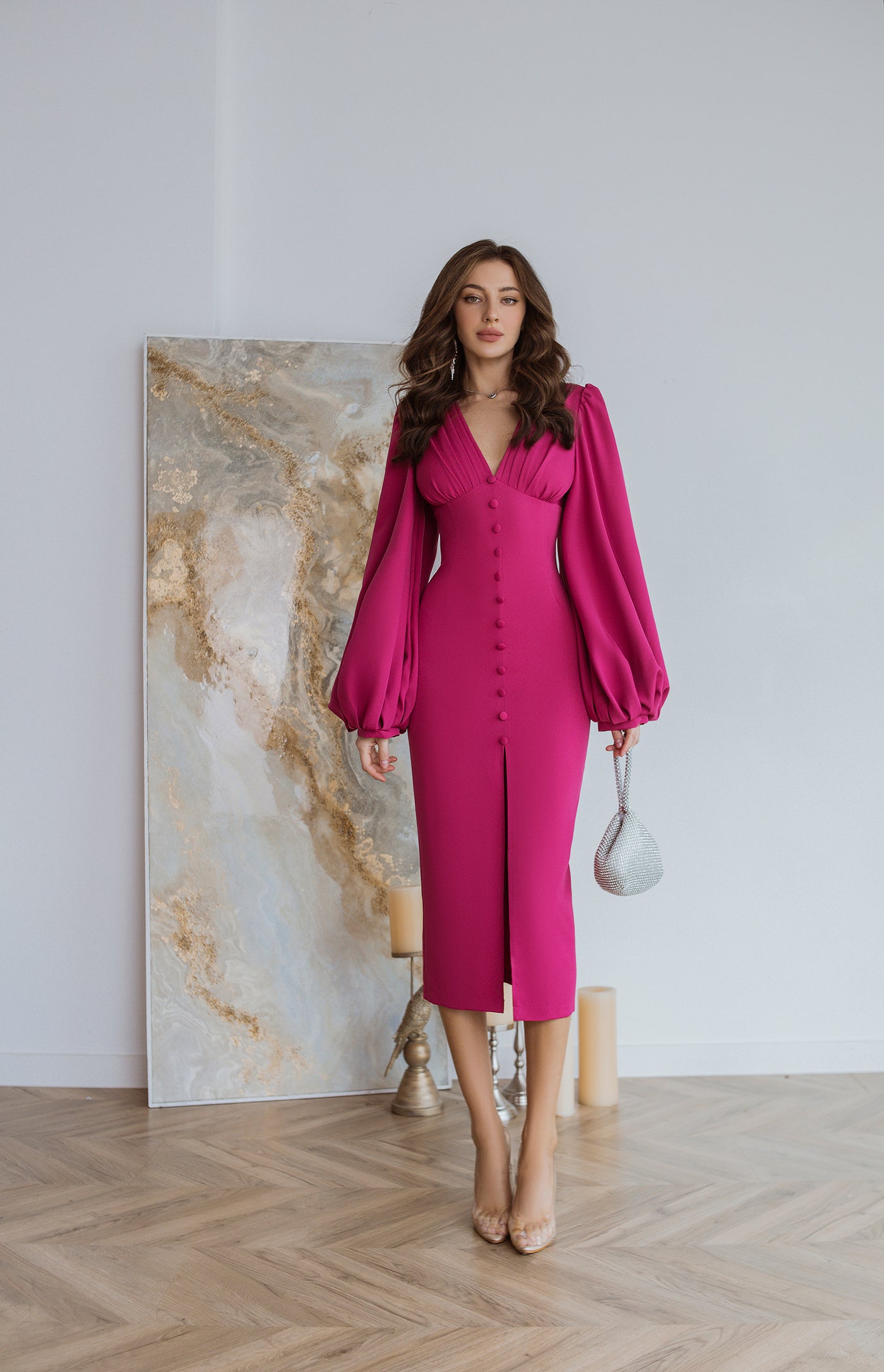 Crimson BACKLESS PUFF SLEEVE MIDI DRESS (ARTICLE C353)