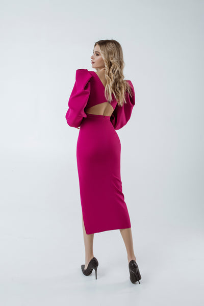 Crimson BACKLESS PUFF SLEEVE MIDI DRESS (ARTICLE C398)