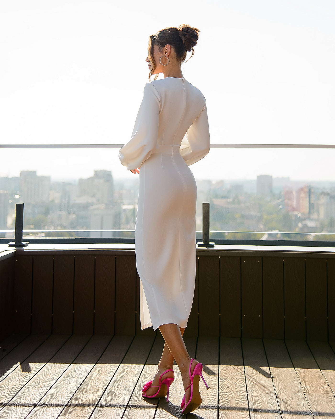 White SQUARE NECK PUFF-SLEEVE MIDI DRESS (ARTICLE 353)