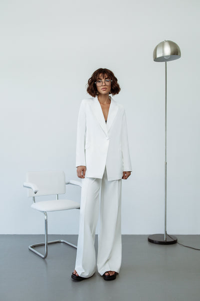 White SINGLE-BREASTED WIDE-LEG SUIT 2-PIECE (ARTICLE C347)