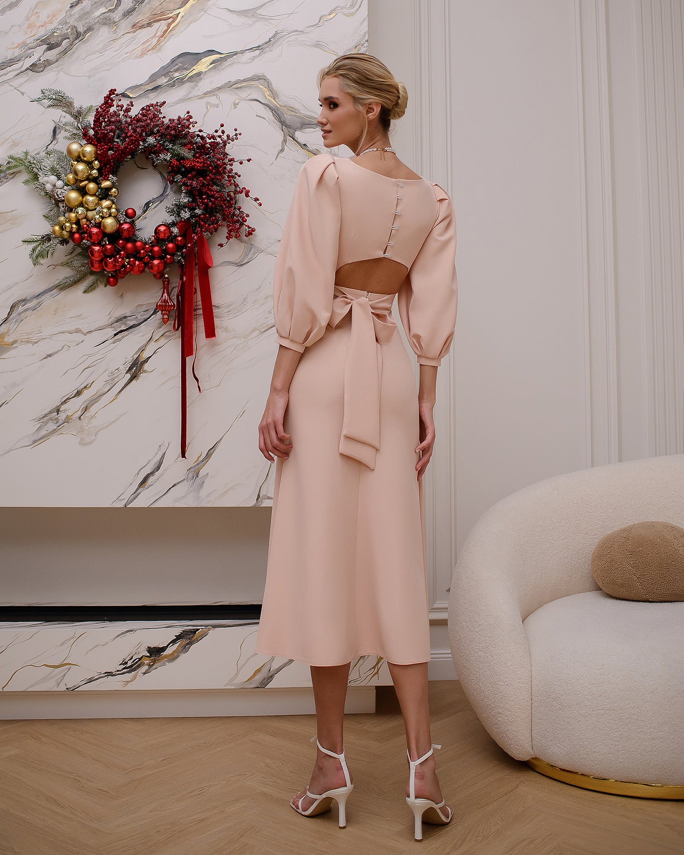 Beige Backless Puff-Sleeve Midi Dress (article 395)