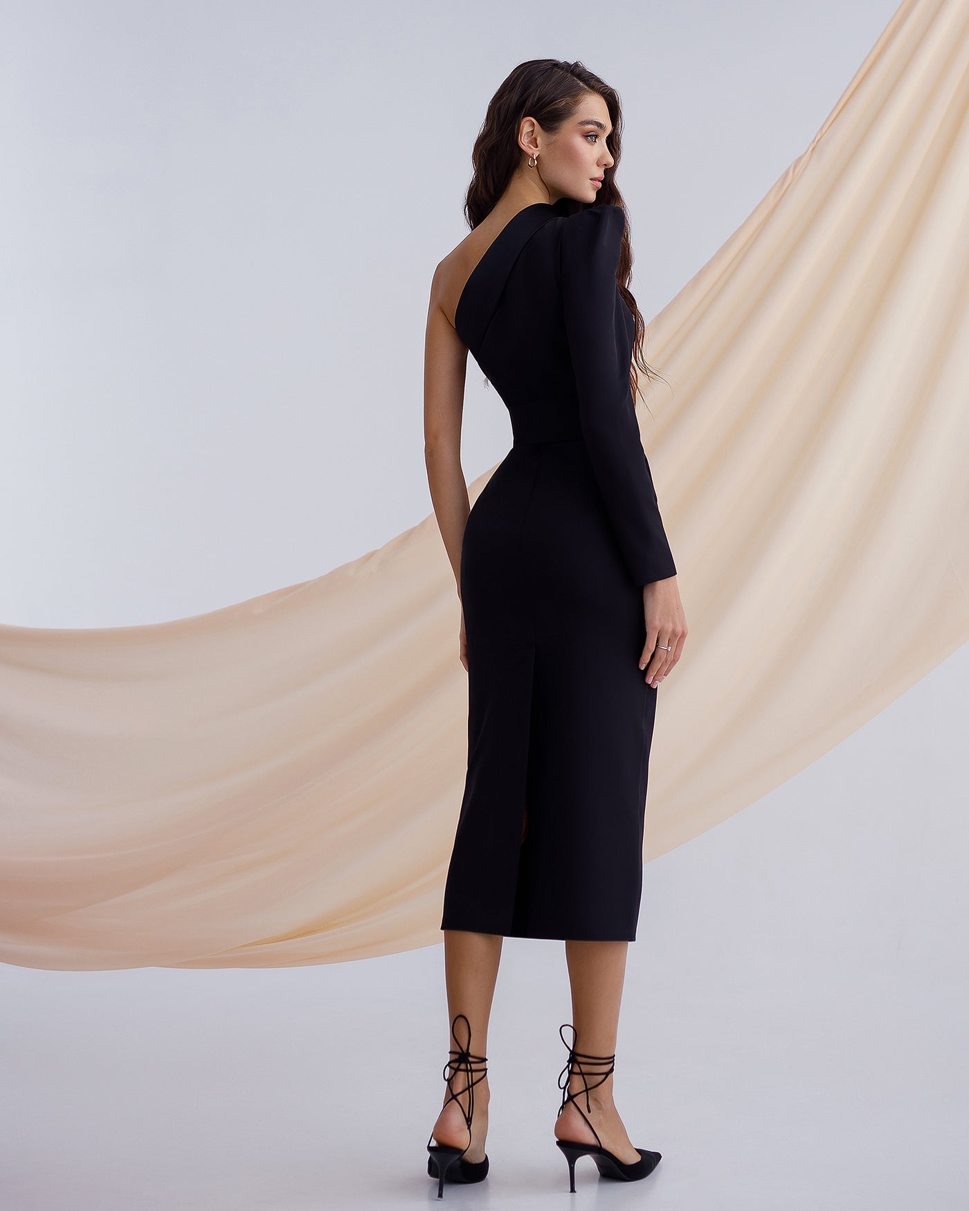 Black ONE-SHOULDER BELTED MIDI DRESS (ARTICLE 343)