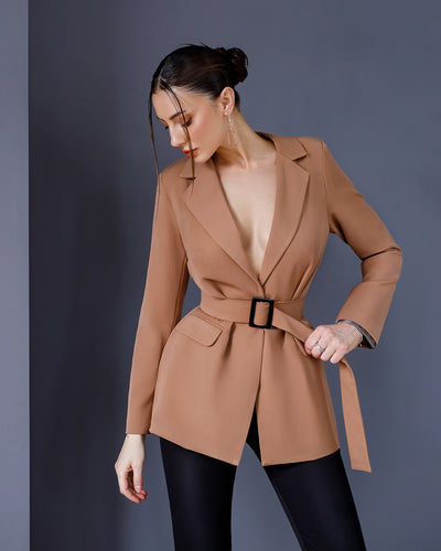 Camel BELTED SLIM-FIT BLAZER (ARTICLE 029)