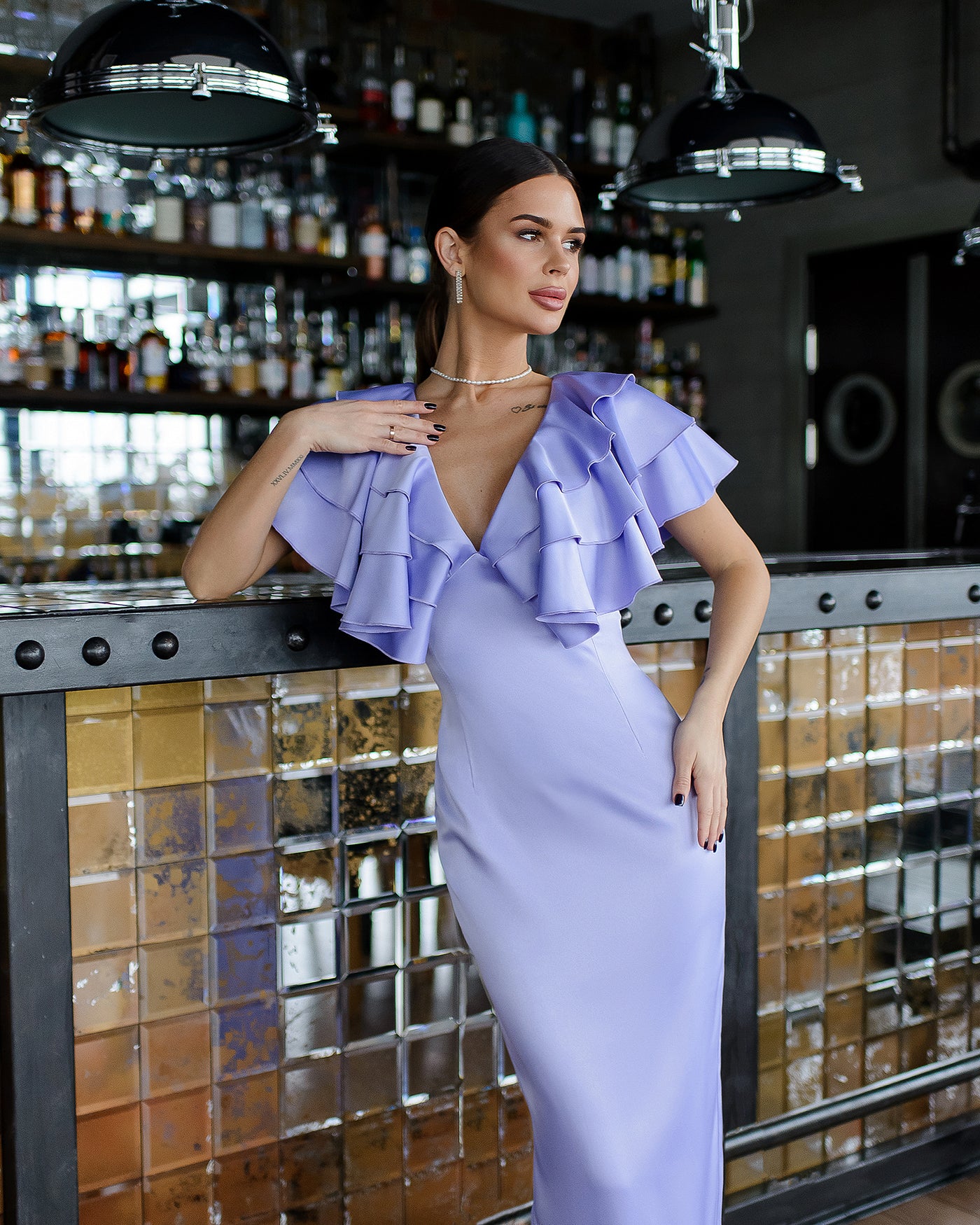 Lavender SATIN RUFFLED V-NECK MIDI DRESS (ARTICLE 391)