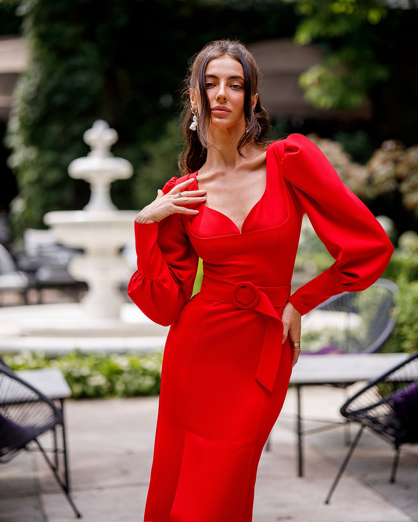 Red PUFF-SLEEVE BELTED MIDI DRESS (ARTICLE 392)