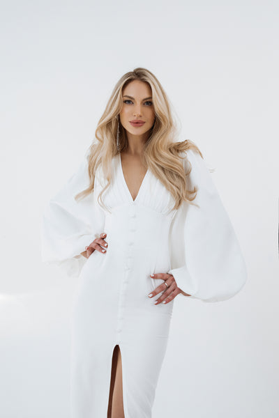 White BACKLESS PUFF SLEEVE MIDI DRESS (ARTICLE C353)