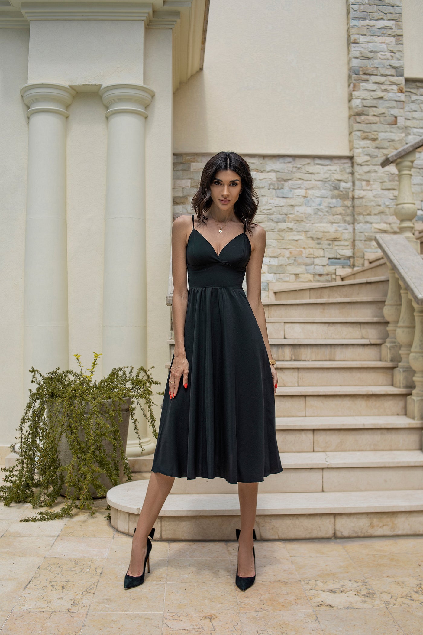 Black V-NECK SLIP MIDI DRESS (ARTICLE C284)