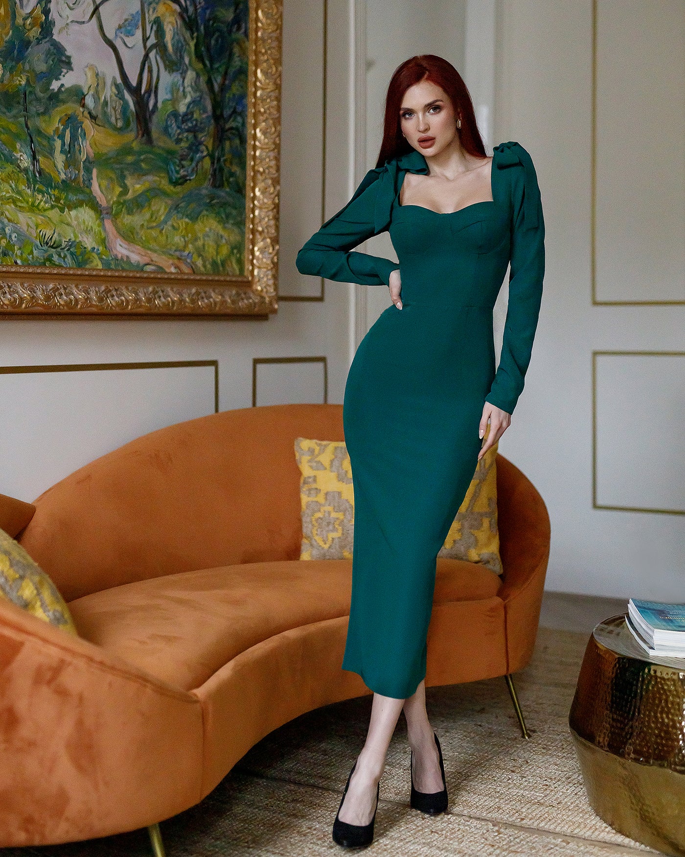 Emerald SWEETHEART BOW SHOULDER MIDI DRESS (ARTICLE 368)