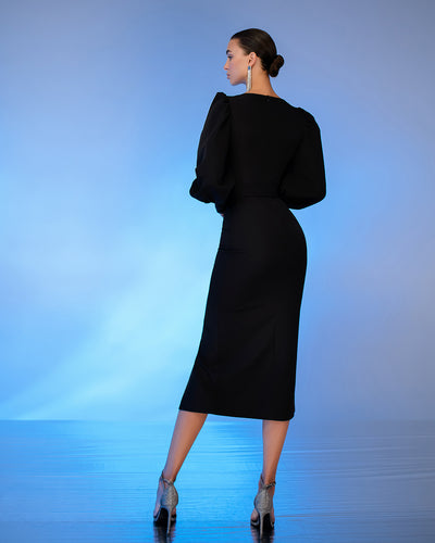 Black PUFF-SLEEVE BELTED MIDI DRESS (ARTICLE 392)