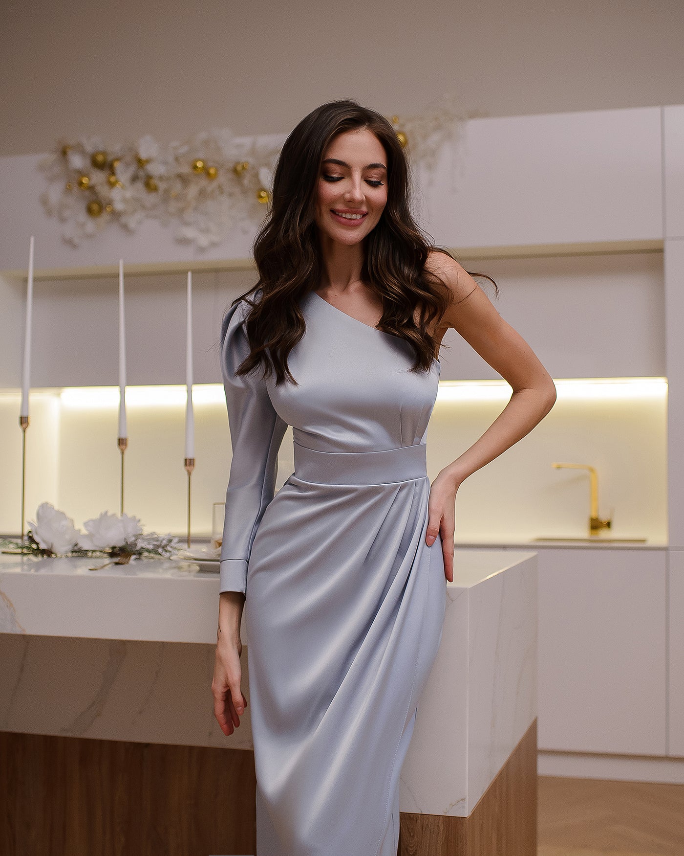 Silver ONE-SHOULDER SATIN MAXI DRESS (article 268)