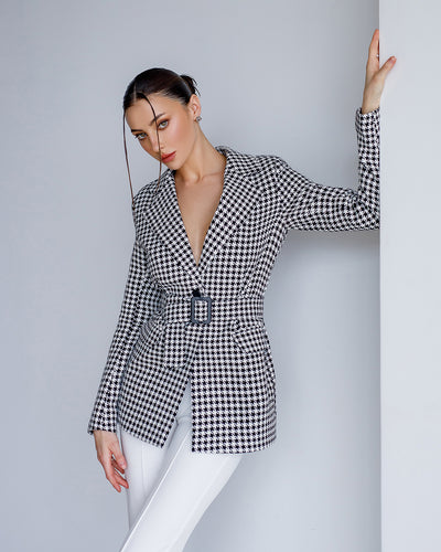 Black HOUNDSTOOTH BELTED SLIM-FIT BLAZER (ARTICLE 029)