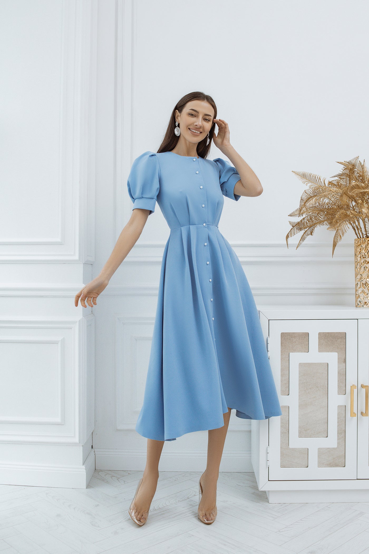 Sky-blue FITTED PUFF-SLEEVE MIDI DRESS (ARTICLE C390)