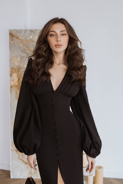 Black BACKLESS PUFF SLEEVE MIDI DRESS (ARTICLE C353)