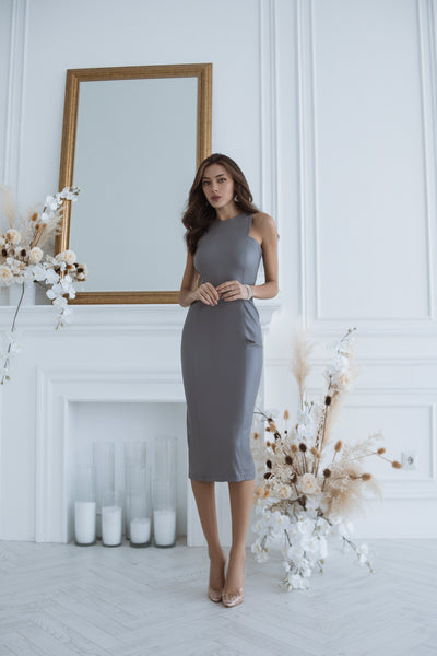 Grey ECO LEATHER SLEEVELESS DRESS (ARTICLE C325)