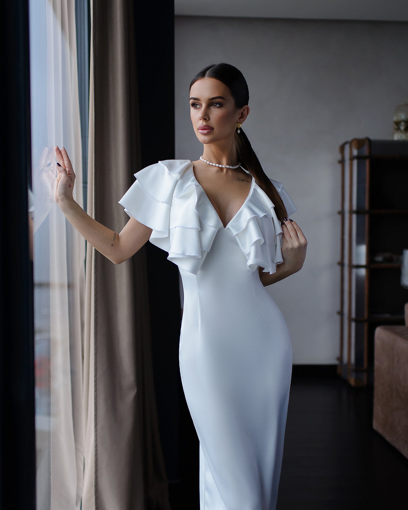 White SATIN RUFFLED V-NECK MIDI DRESS (ARTICLE 391)