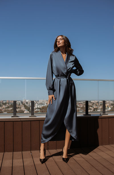 Graphite Collared Wrap Midi Dress (article C405)