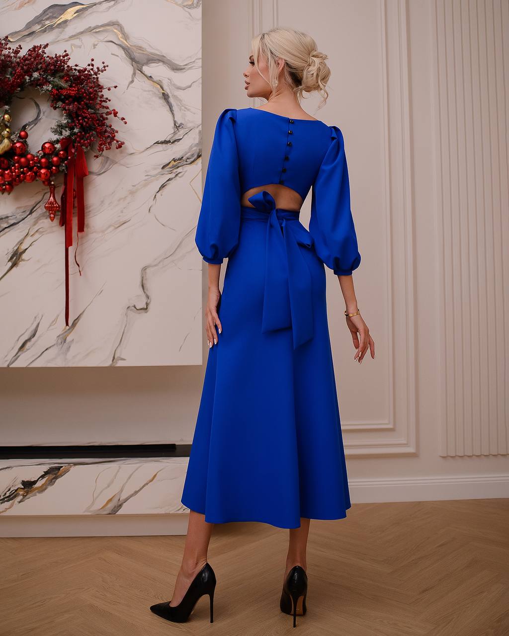 Blue BACKLESS PUFF-SLEEVE MIDI DRESS (ARTICLE 395)