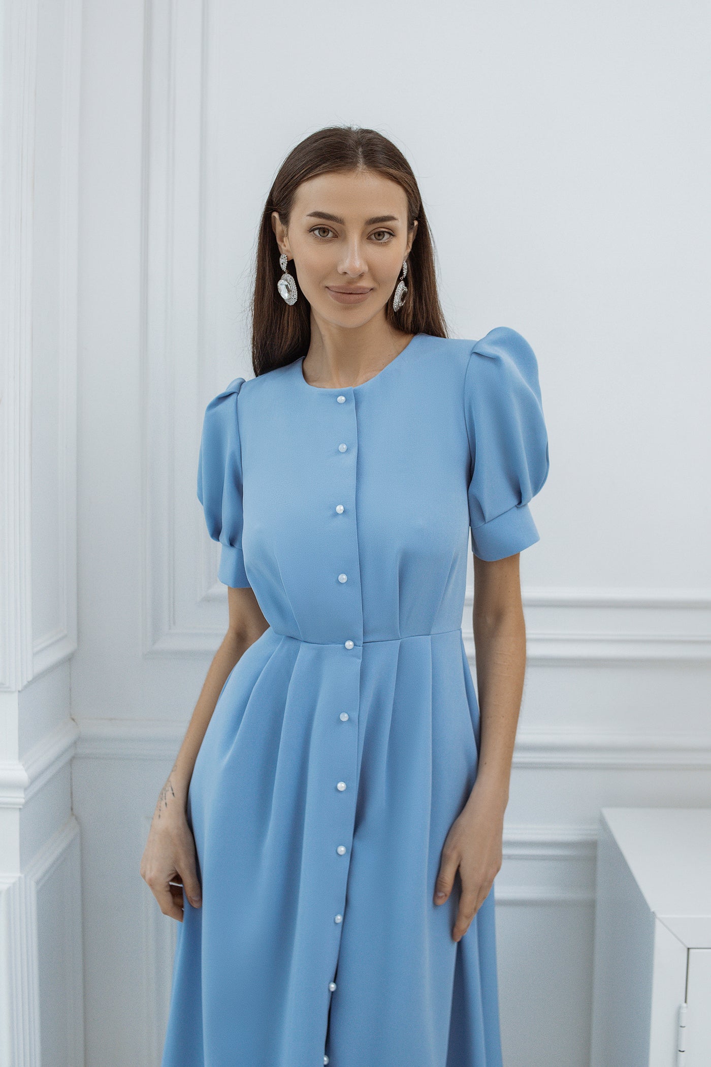 Sky-blue FITTED PUFF-SLEEVE MIDI DRESS (ARTICLE C390)