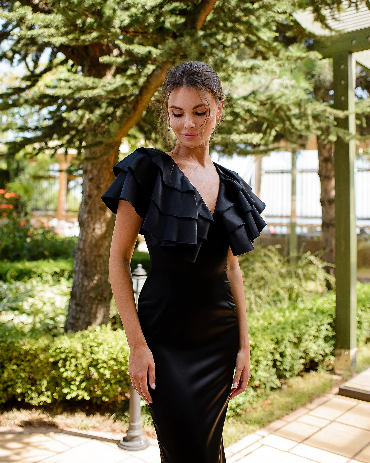 Black SATIN RUFFLED V-NECK MIDI DRESS (ARTICLE 391)