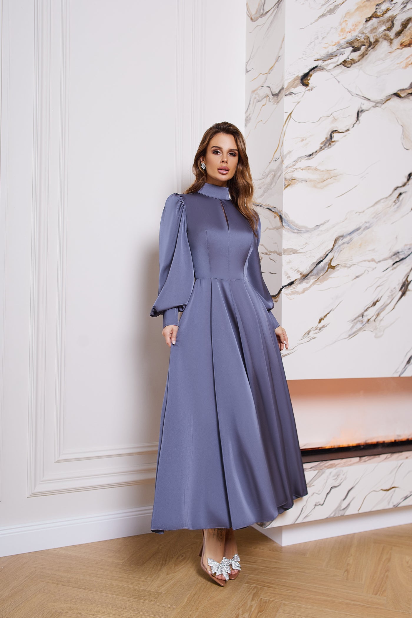 Graphite SILK LONG SLEEVE MAXI DRESS (ARTICLE C323)