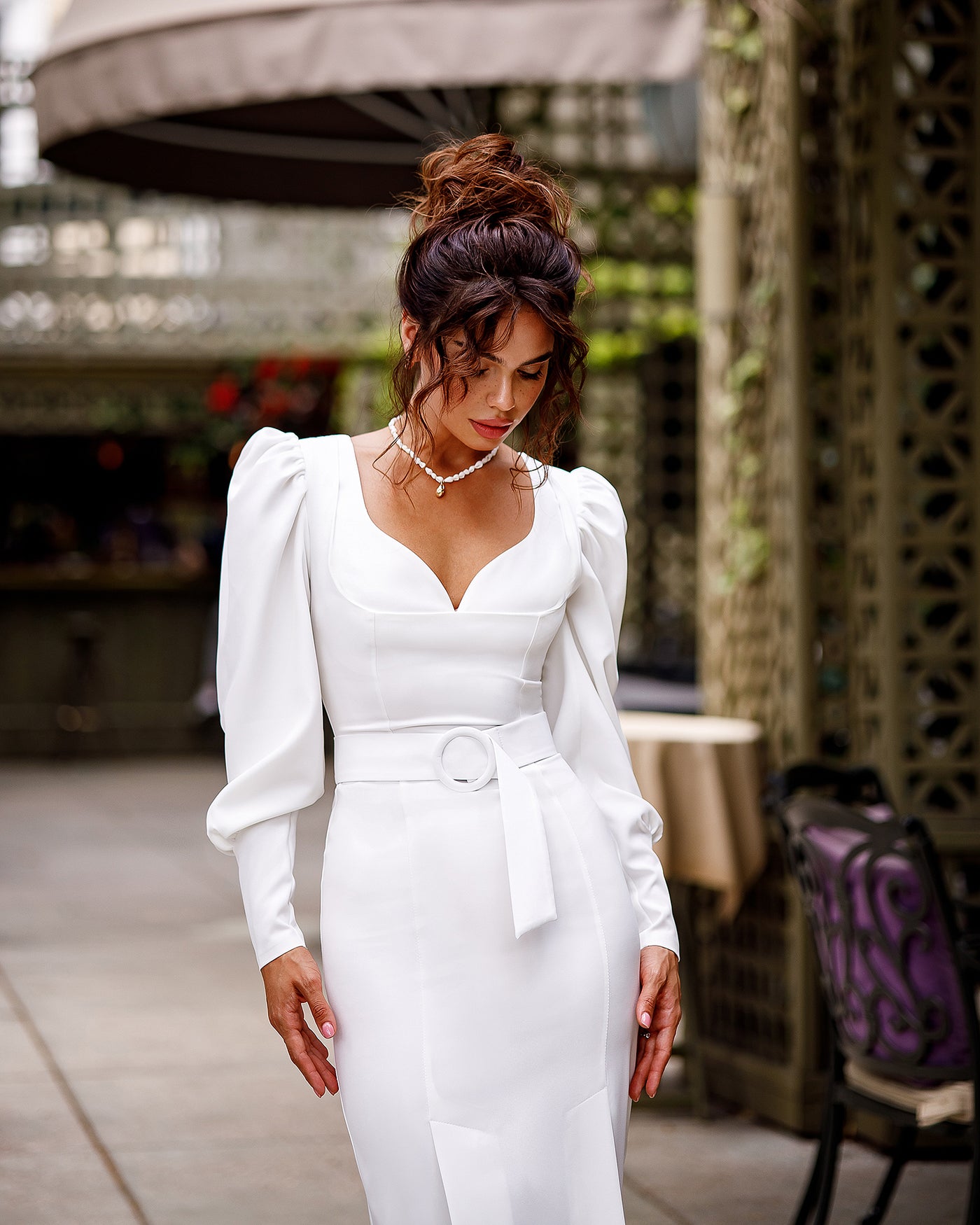 White Puff-Sleeve Belted Midi Dress (article 392)