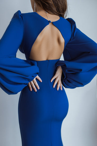 Blue Backless Puff Sleeve Midi Dress (article C353)