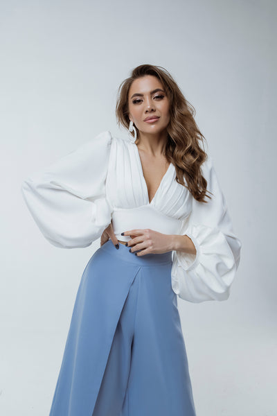 White PUFF SLEEVE V-NECK BLOUSE (ARTICLE C342)