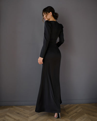 Black V-NECK PUFF SLEEVE MAXI DRESS (ARTICLE 512)