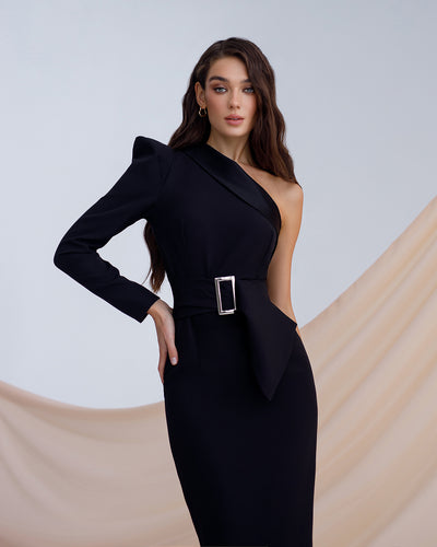 Black ONE-SHOULDER BELTED MIDI DRESS (ARTICLE 343)