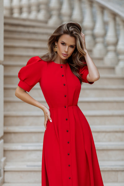 Red FITTED PUFF-SLEEVE MIDI DRESS (ARTICLE C390)