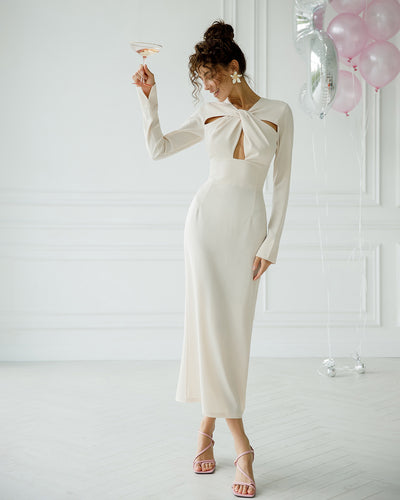 Beige Cut-Out Neck Midi Dress (article 388)