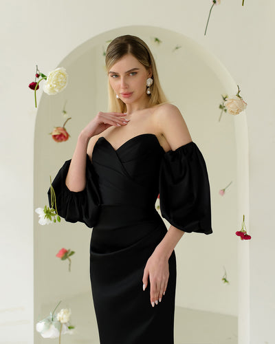 Black SATIN SWEETHEART PUFF-SLEEVE MIDI DRESS (ARTICLE 330)