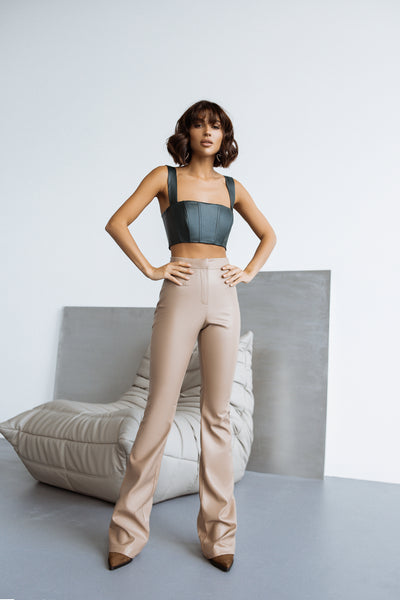 Beige VEGAN LEATHER FLARED PANTS (ARTICLE C401)