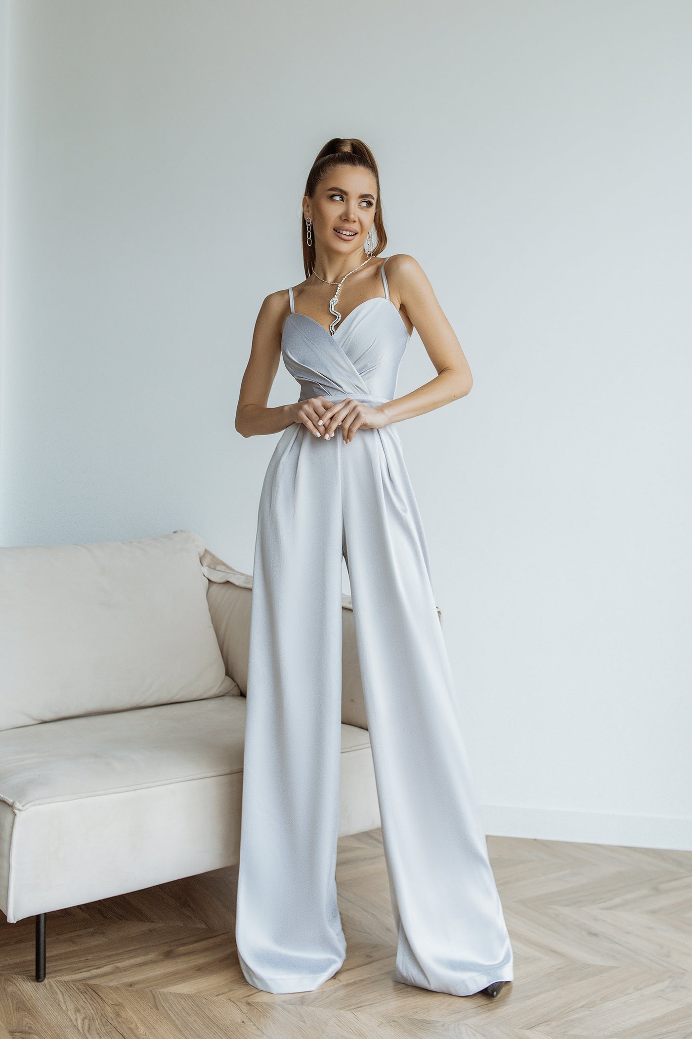 Grey SATIN WIDE-LEG JUMPSUIT (ARTICLE C314)