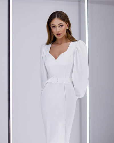 White Puff-Sleeve Belted Midi Dress (article 392)