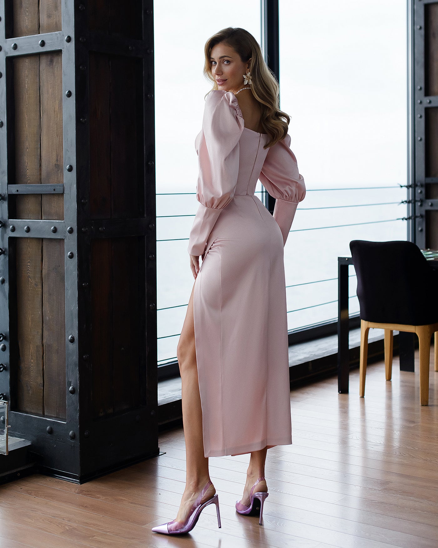 Dusty Pink Satin Puff-Sleeve Midi Dress (article 333)