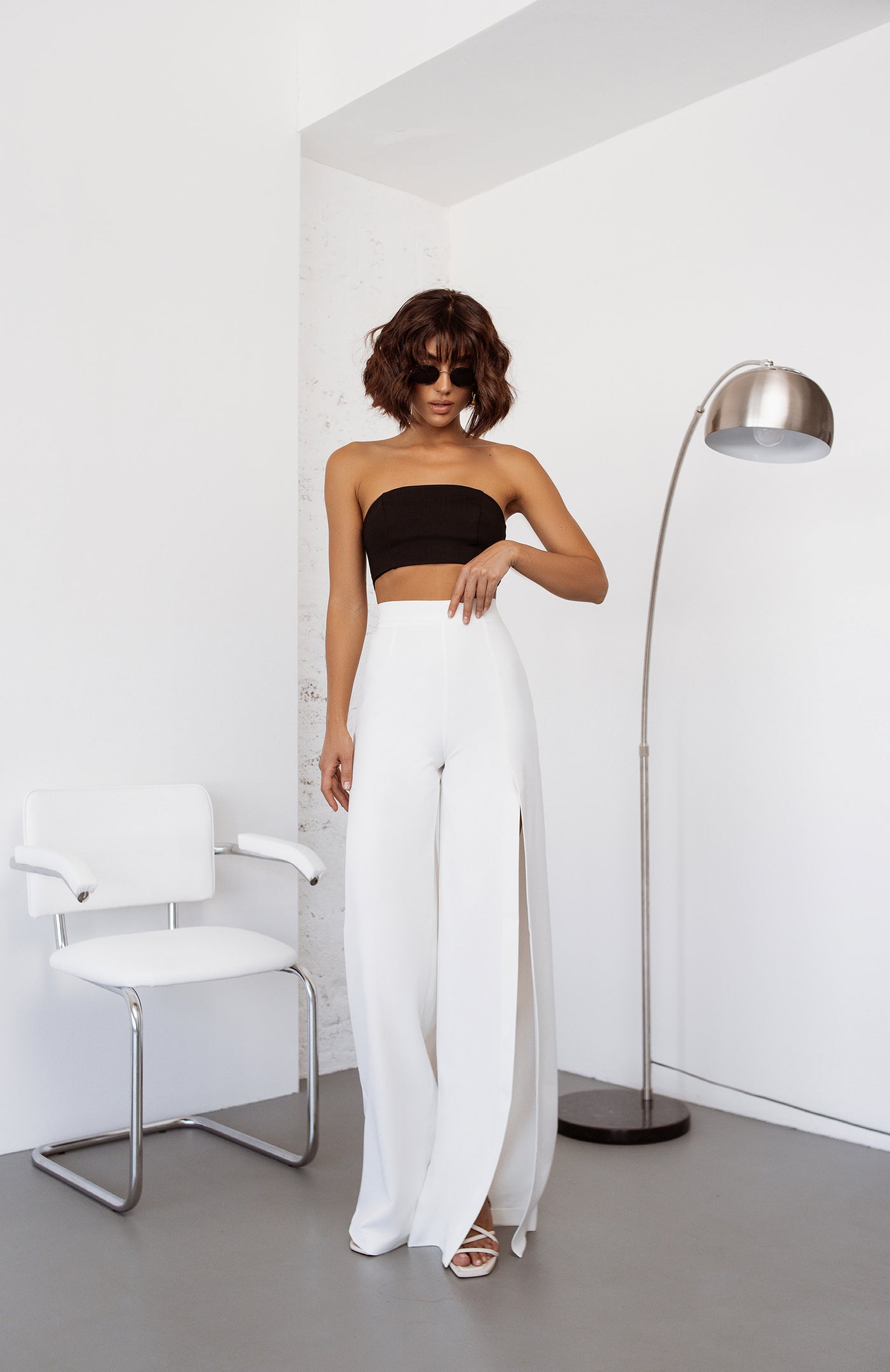 White HIGH WAIST SLIT ONE LEG FLARED PANTS (ARTICLE C394)