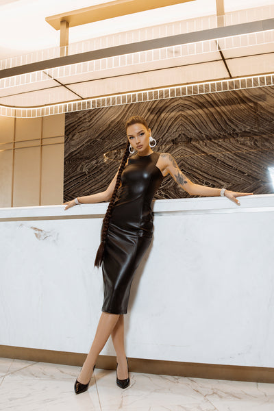 Black ECO LEATHER SLEEVELESS DRESS (ARTICLE C325)