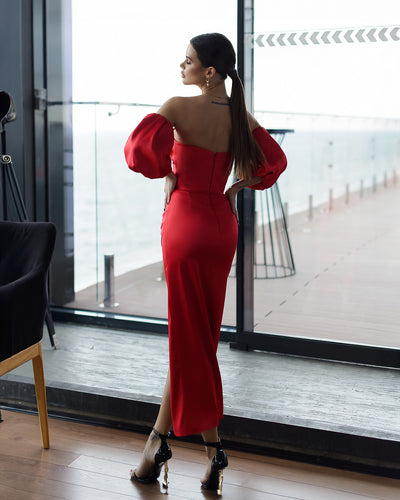 Red PUFF-SLEEVE MIDI DRESS (ARTICLE 289)