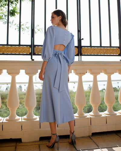 Sky-blue BACKLESS PUFF-SLEEVE MIDI DRESS (ARTICLE 395)