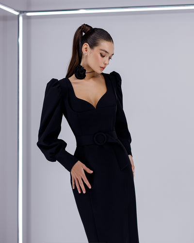 Black PUFF-SLEEVE BELTED MIDI DRESS (ARTICLE 392)