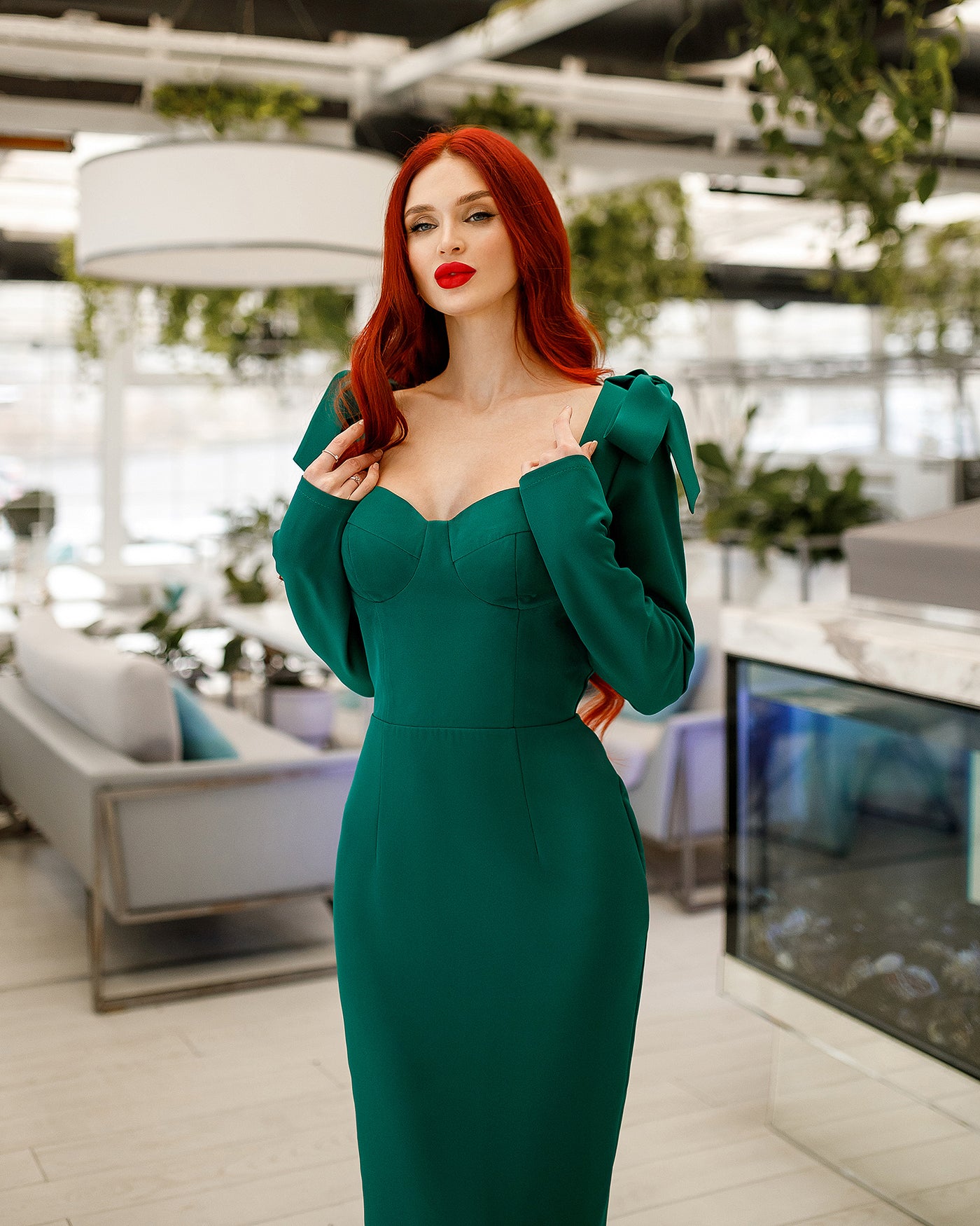 Emerald SWEETHEART BOW SHOULDER MIDI DRESS (ARTICLE 368)